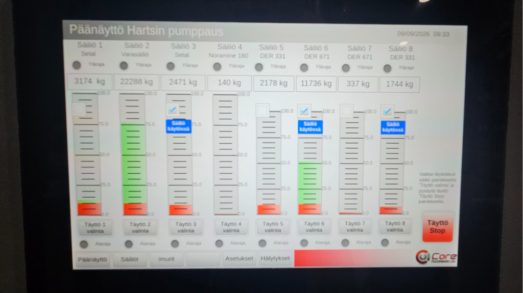 Ohjelma ja HMI ovat samassa ohjelmistossa, joten erillistä HMI-ohjelmaa ei tarvita. Web-visu aukeaa selaimella sisäverkossa. Osto näkee säiliötilanteen, huolto prosessin tilan omalta työpisteeltään.